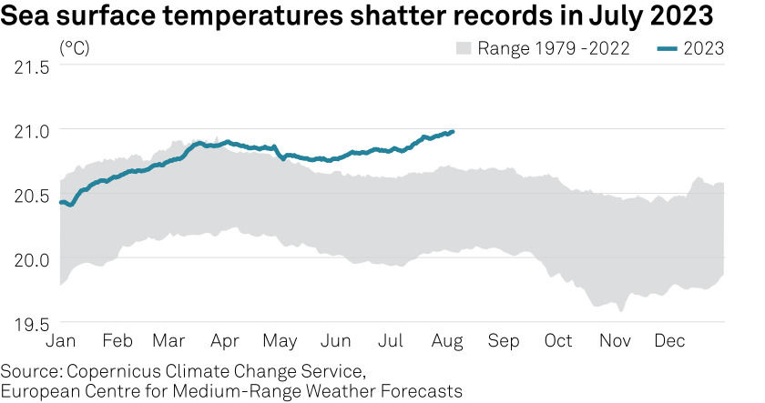 Sea surface temperatures in July 2023 were well above recent averages