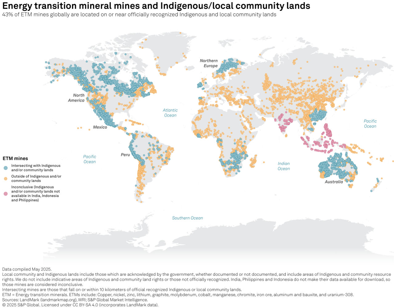 Graphic image of Global Map for Energy transition mineral mines and indigenous/local community lands