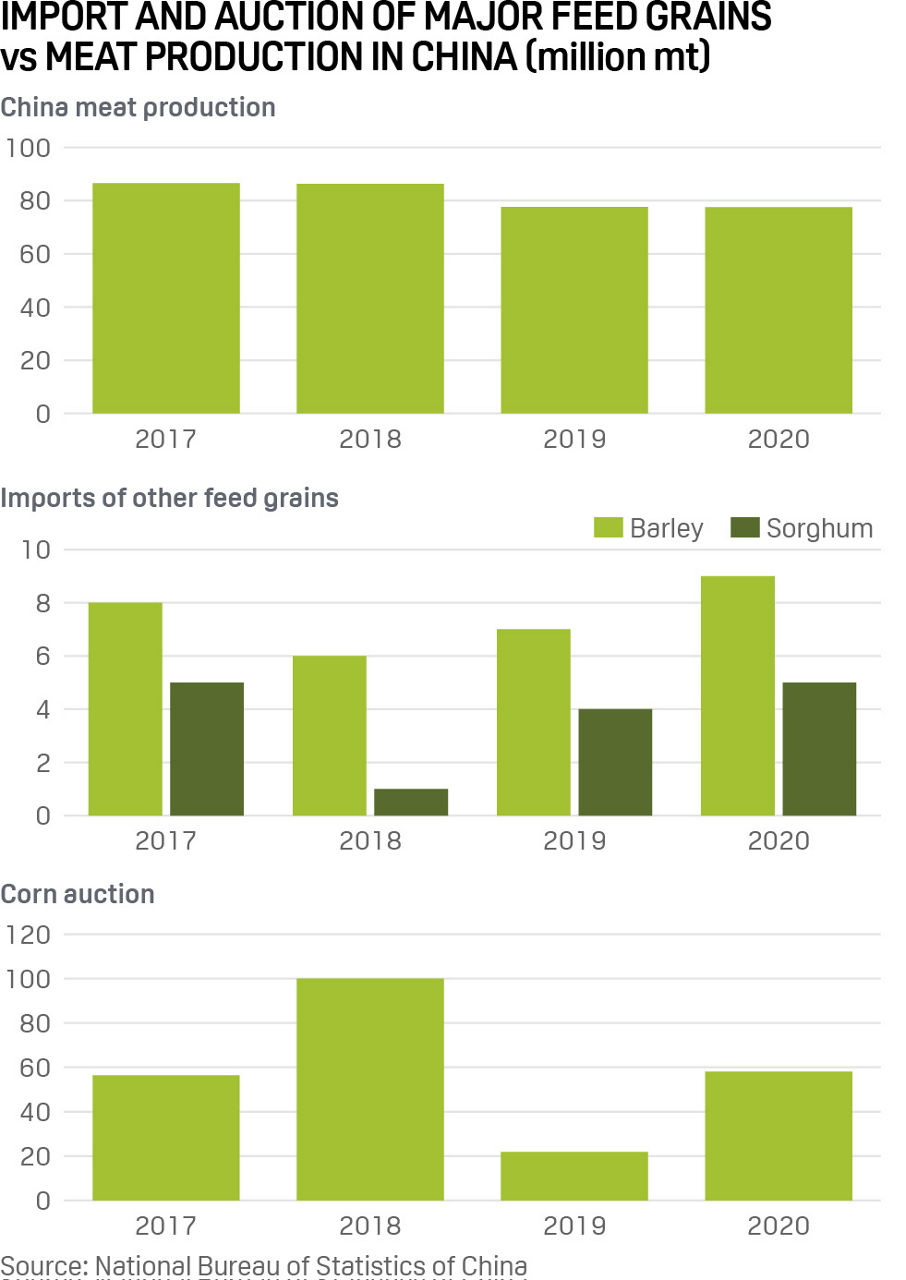 Import and auction of major feed grains vs meat production in China