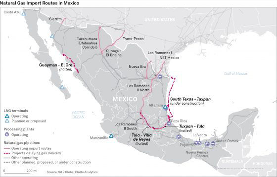 Map showing Mexico's current and plan gas pipelines