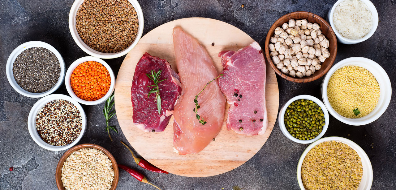 ariel view of meats and grains