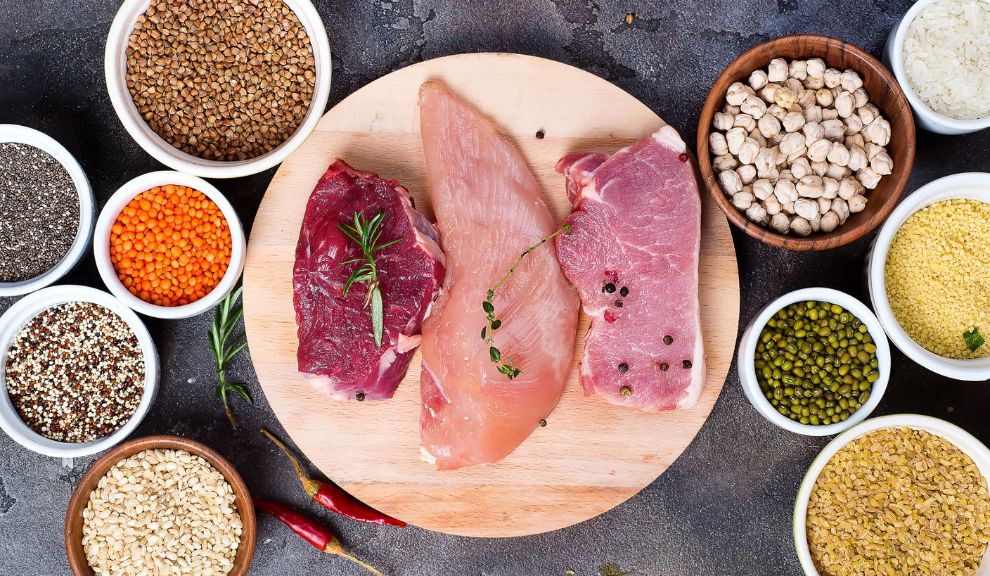 ariel view of meat and grains