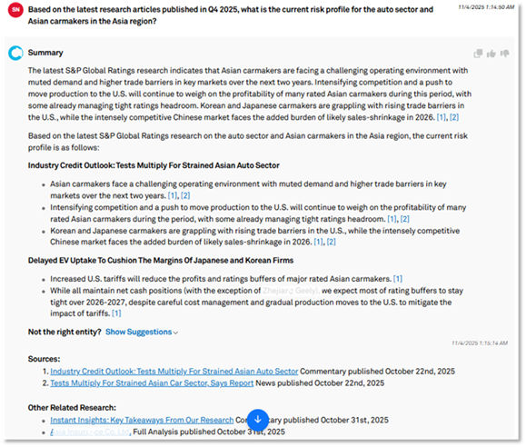 Screenshot of a web page displaying a research query about risk profiles for the auto sector in Asia, with summarized insights, key findings, and article links from S&amp;P Global Ratings.