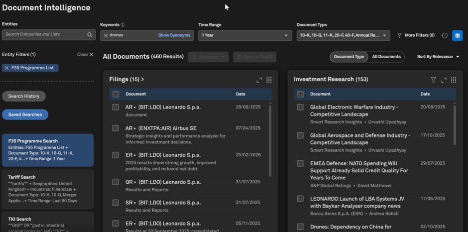 Screenshot of a document intelligence dashboard showing filings and investment research for FX5 Programme Ltd, with search filters, document lists, and dates visible.