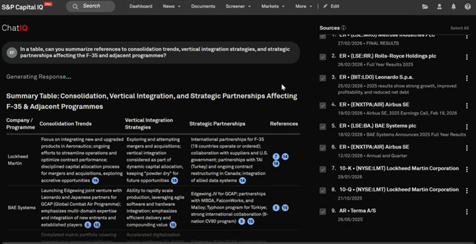 A computer screen shows an S&amp;P Capital IQ ChatIQ interface generating a response, with a summary table and a list of reference sources on the right.