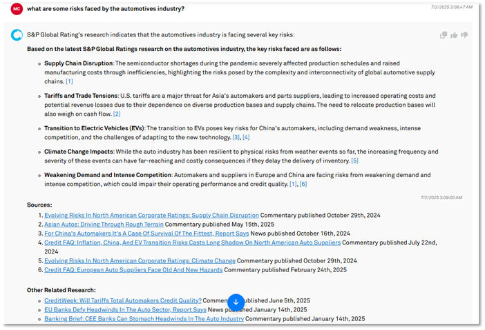 Figure 12: Illustration of how CreditCompanion™ addresses a hypothetical question on risks impacting the Automotives industry by summarizing research from S&P Global Ratings