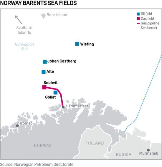 Map of Norway's Barents Sea oil and gas fields