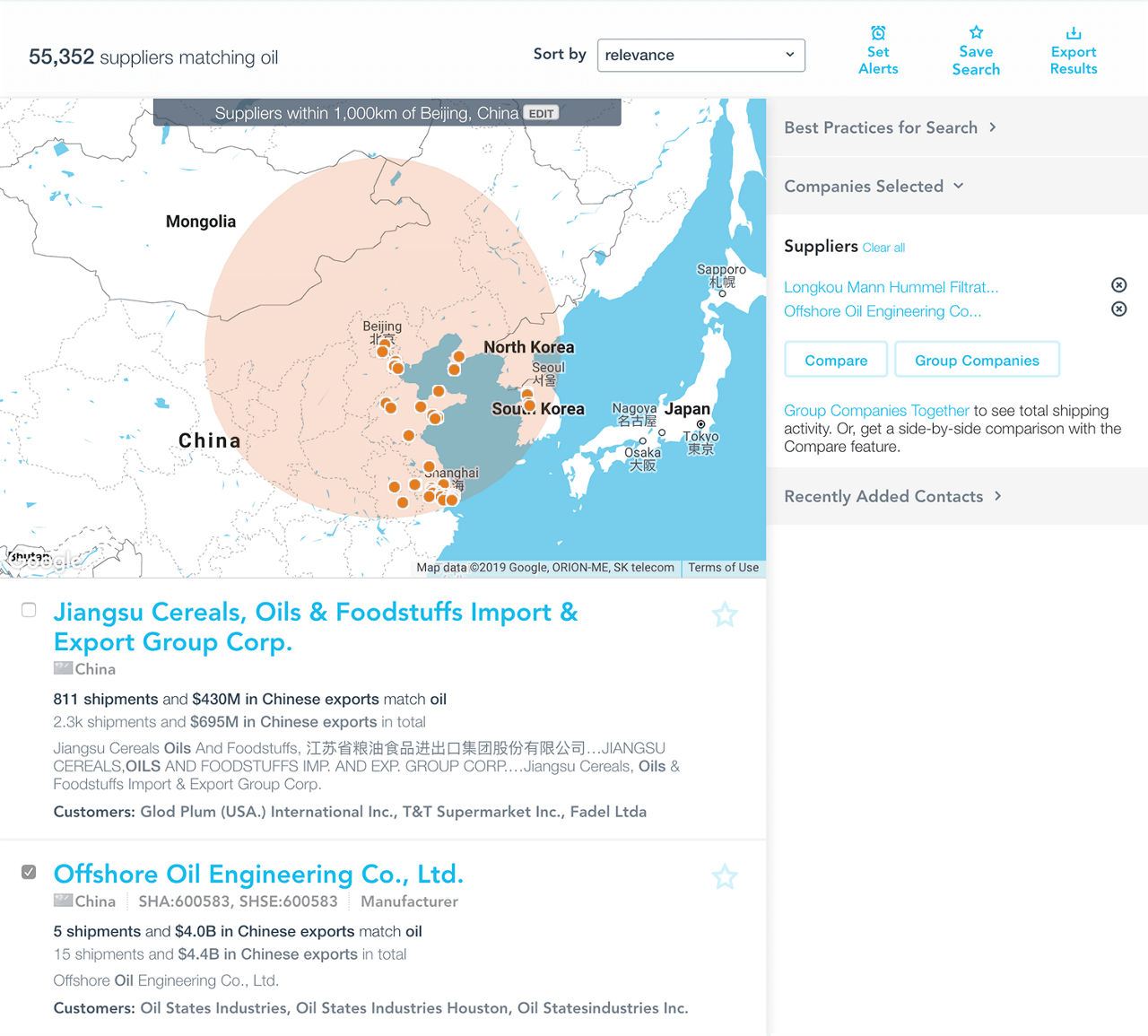 Panjiva interface showing matching oil supplier opportunities within 1,000km of Beijing, China