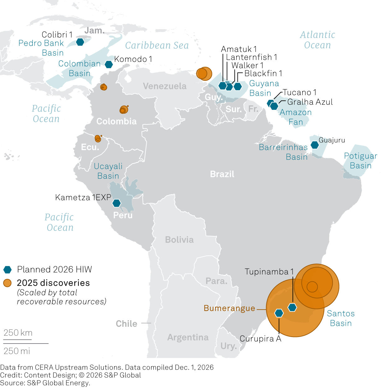 Map to illustrate Latin America 2025 discoveries and planned high impact wells for 2026