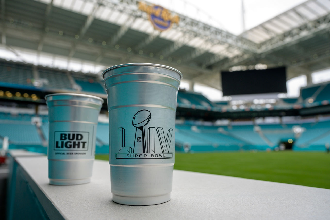 Aluminum beer cup produced by Ball for Super Bowl