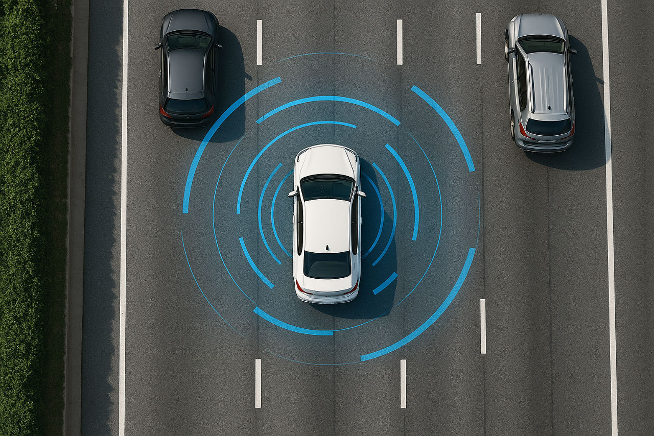 Illustrative aerial view of car driving with radar aound it