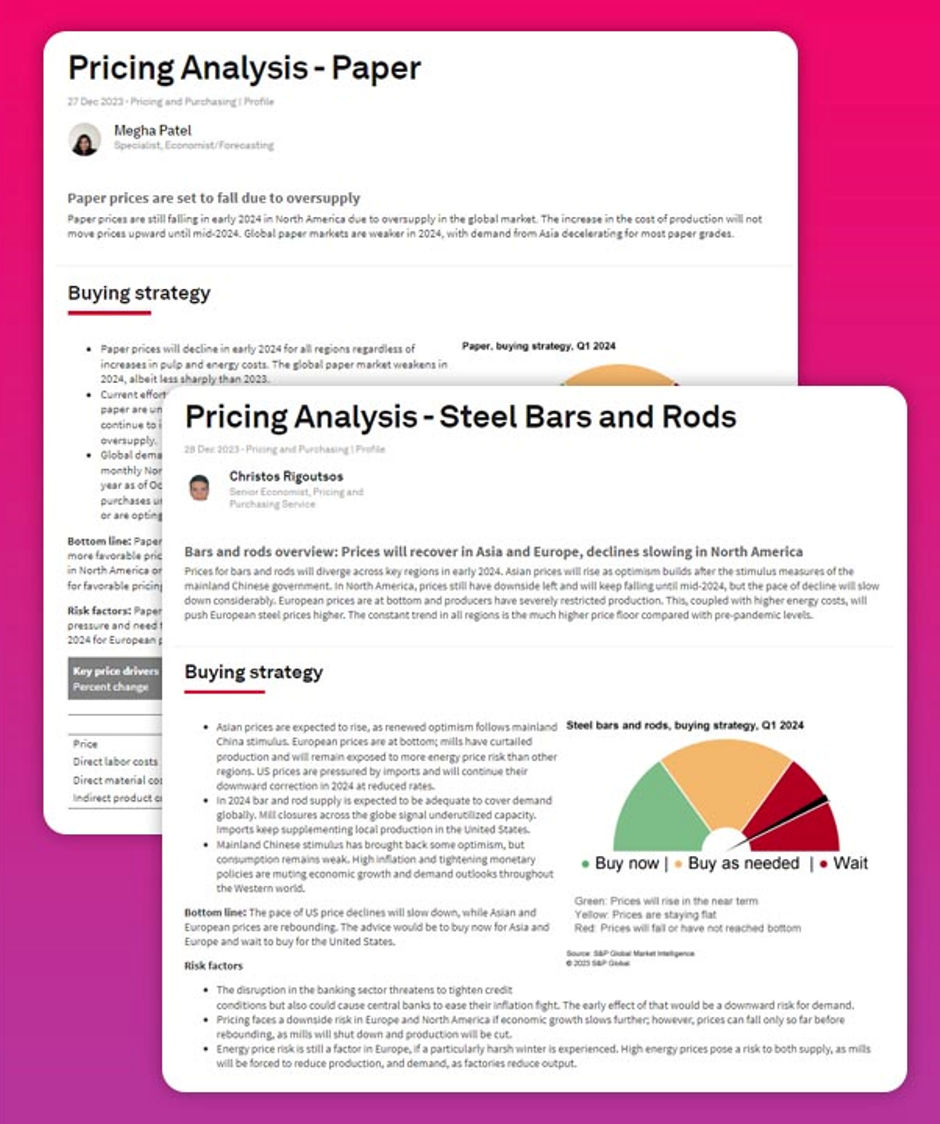 Global pricing and purchasing reports showing samples of pricing analysis