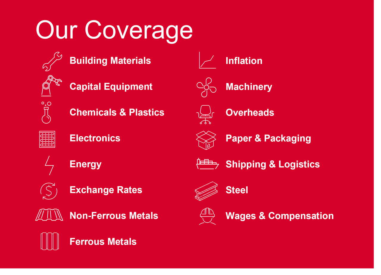 Global pricing and purchasing service coverage, including building materials, capital equipment, chemicals and plastics, and more.