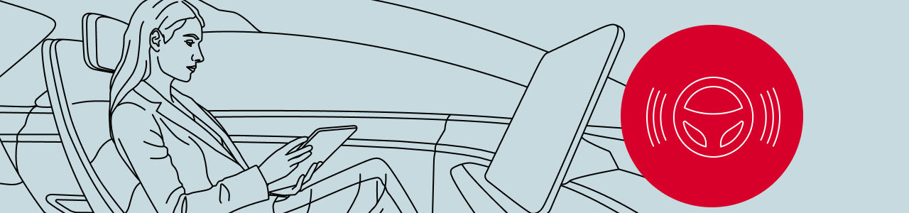 S&P Global Mobility branded illustration of woman sitting in self-driving autonomous vehicle