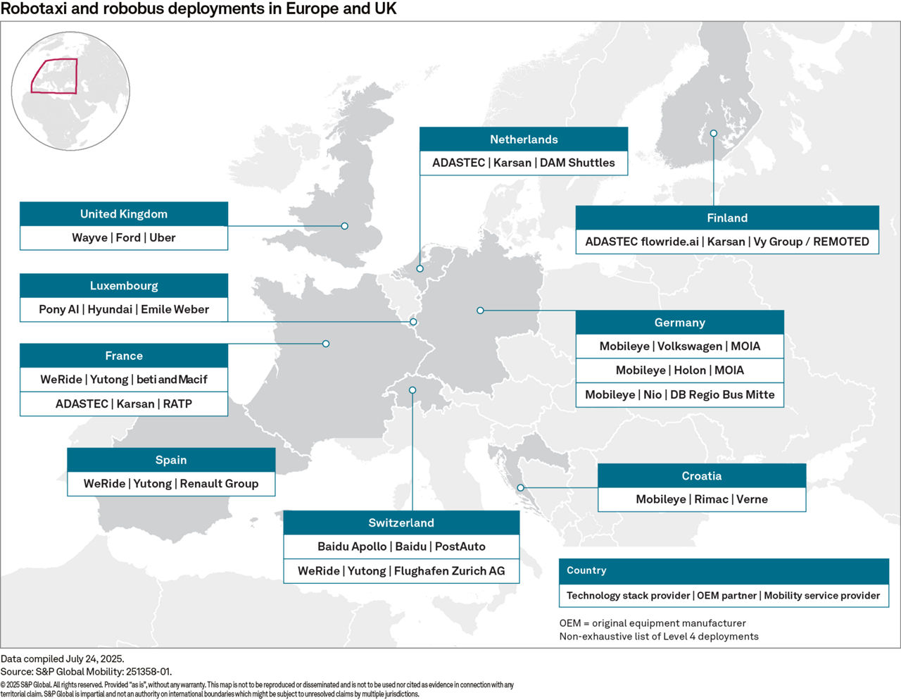 Global illustrative view of robotaxi and robobus deployments across Europe and UK